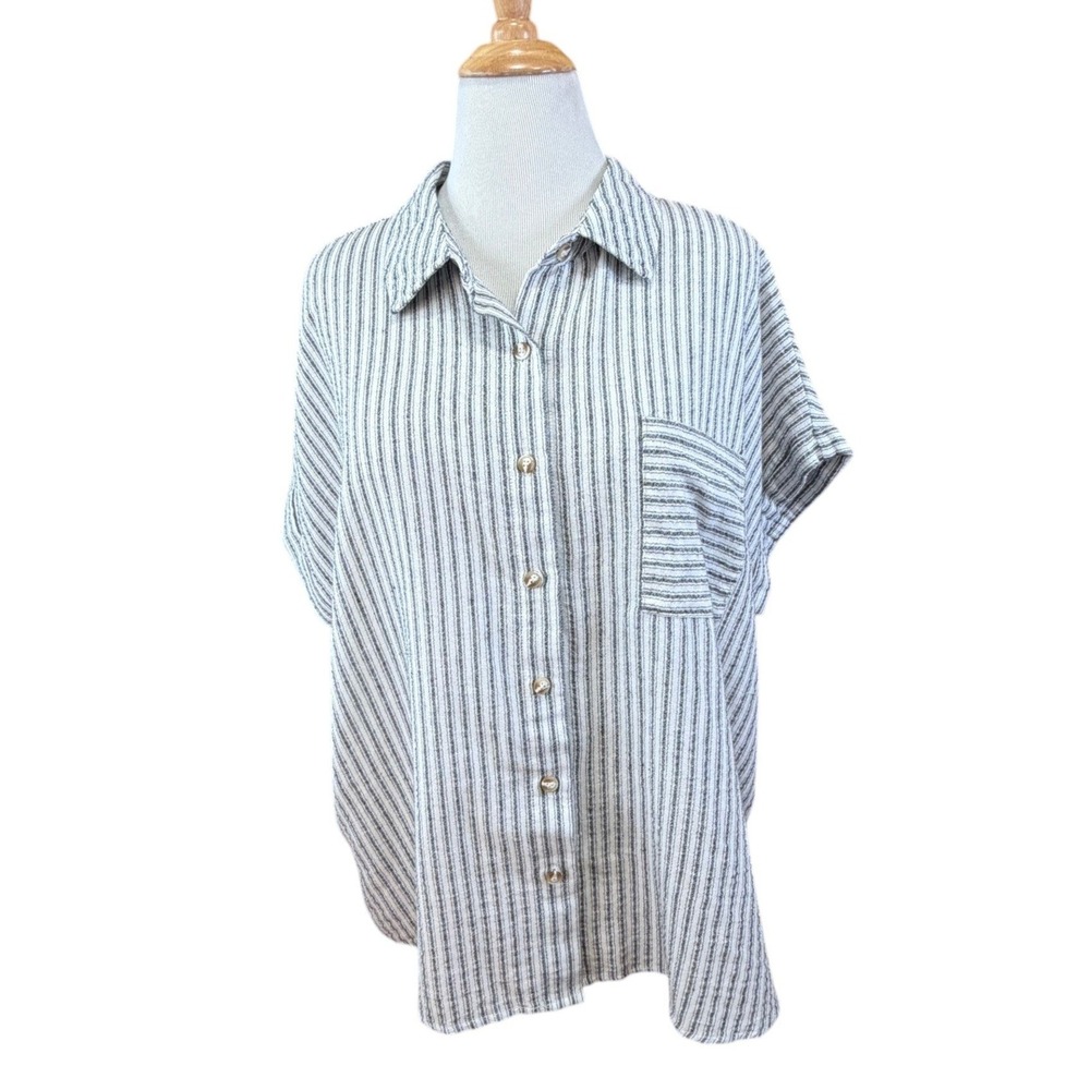 Perch by Blu Pepper Womens 3X Striped Linen Blend Boho Button Down Shirt